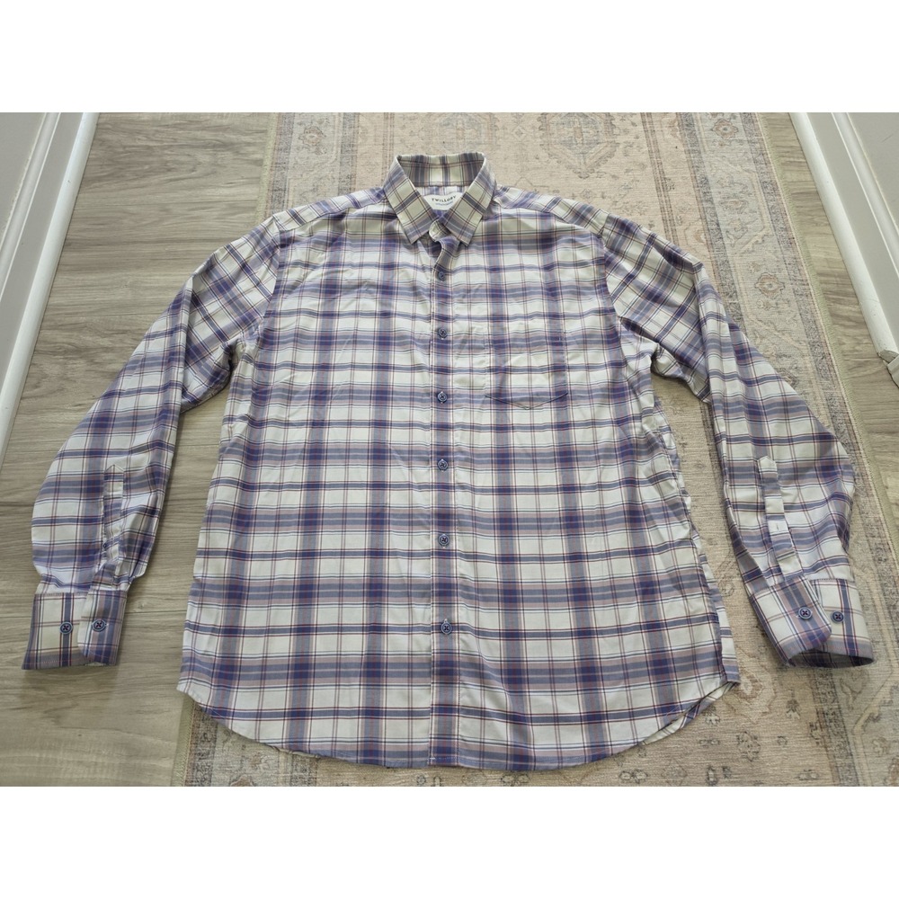 Twillory Untuckable Mens Large Blue Red Plaid Tailored Fit Button Shirt